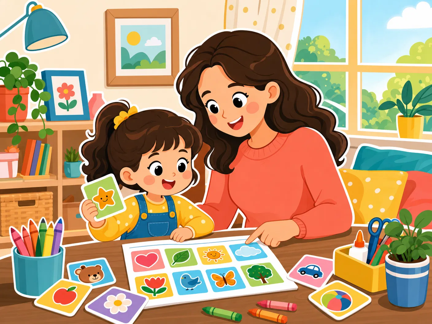 Mom and child with printable activity cards