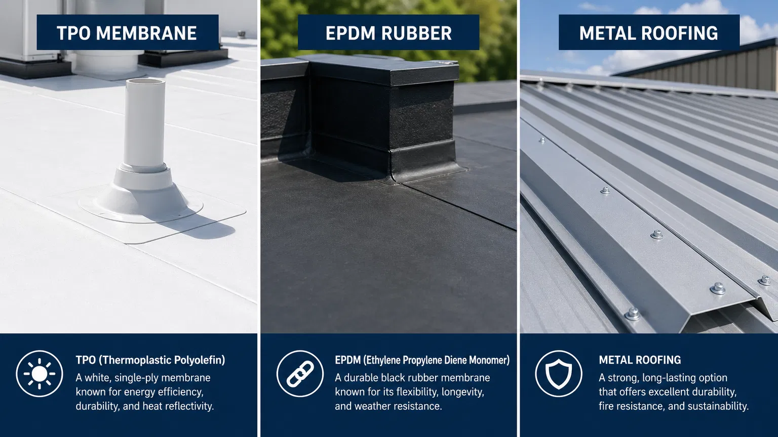 TPO, EPDM, and Metal roofing types
