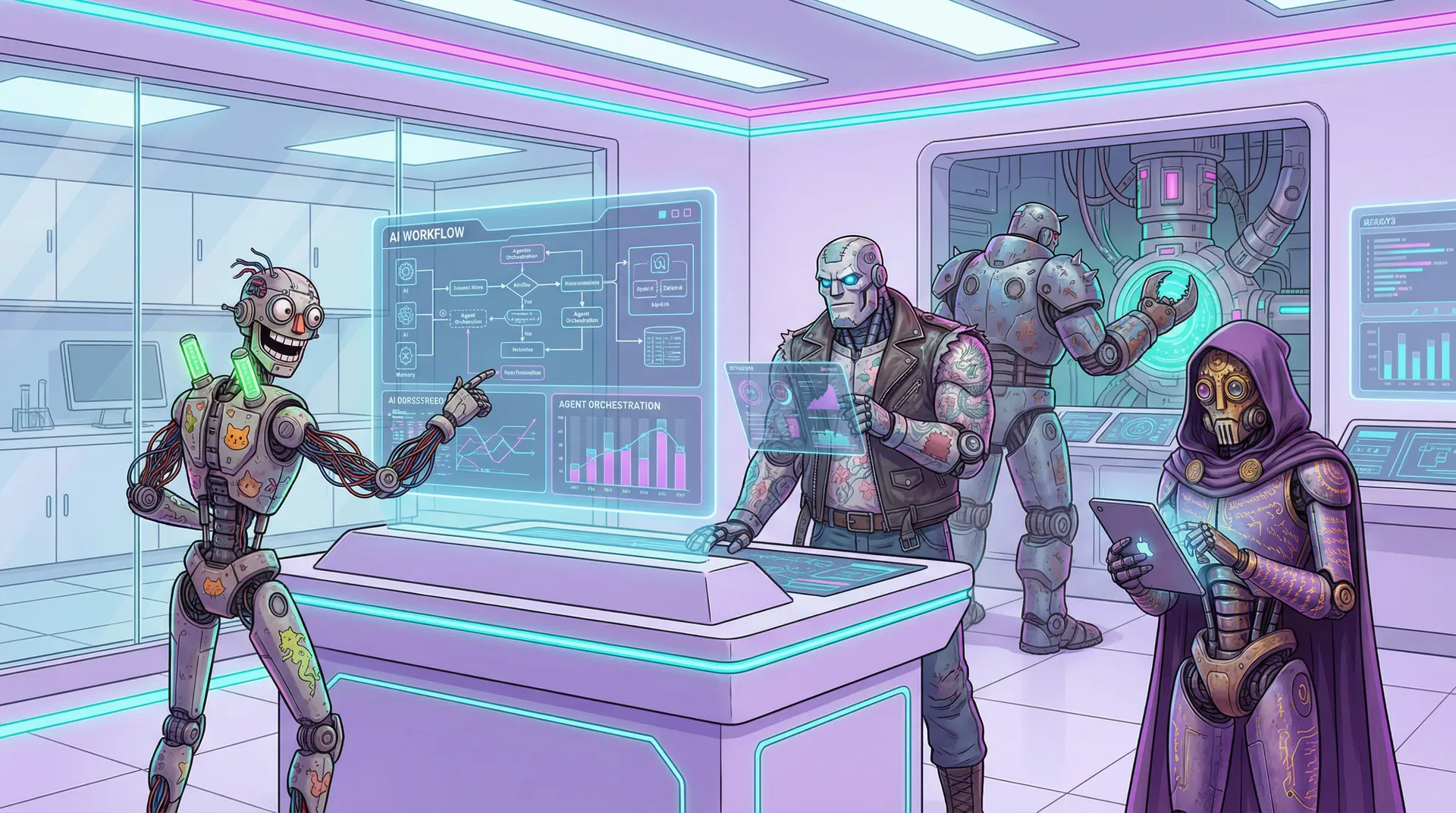 Robot crew working together in the AI orchestration lab