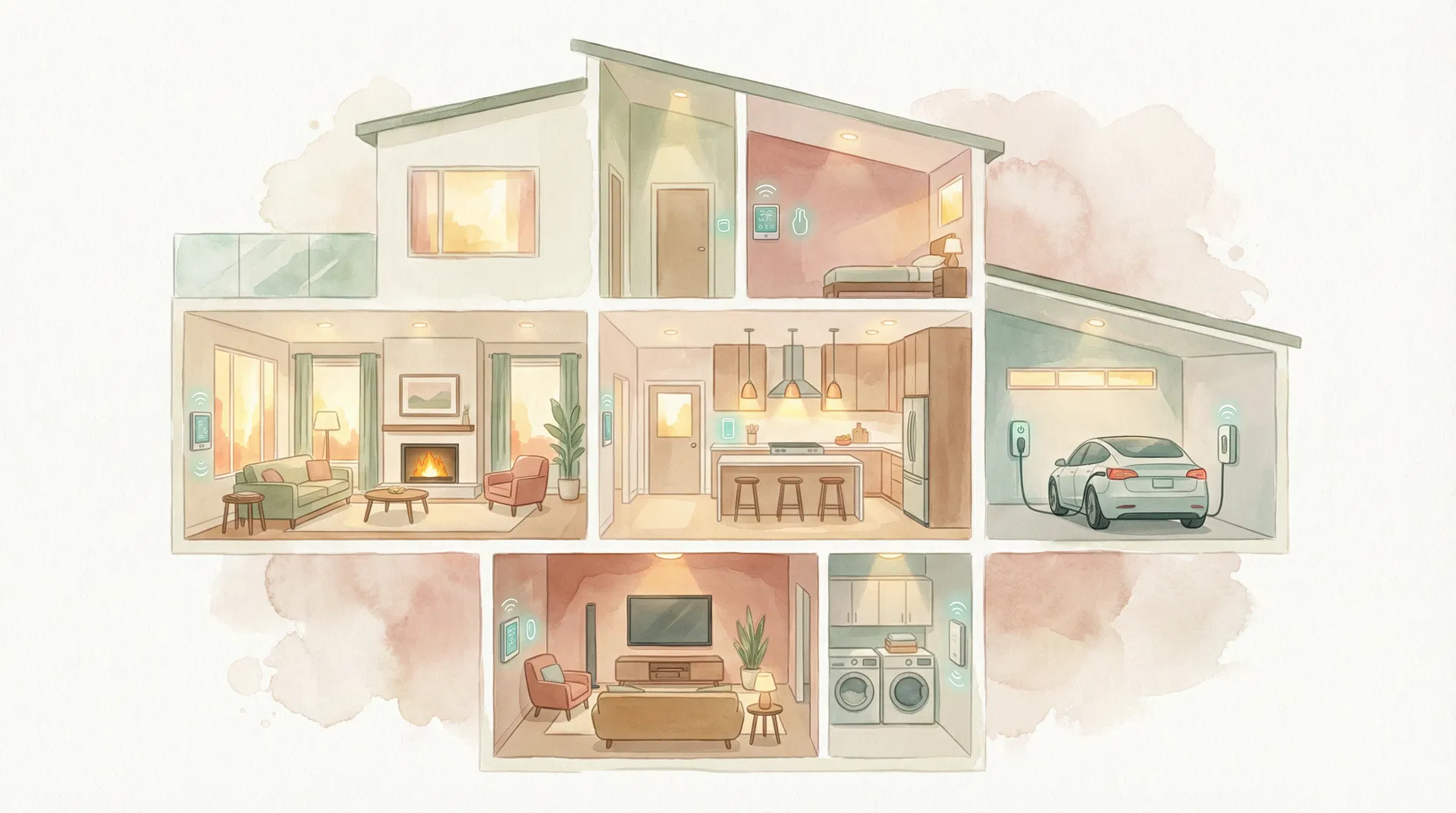 A watercolor cross-section of a smart home showing all the rooms