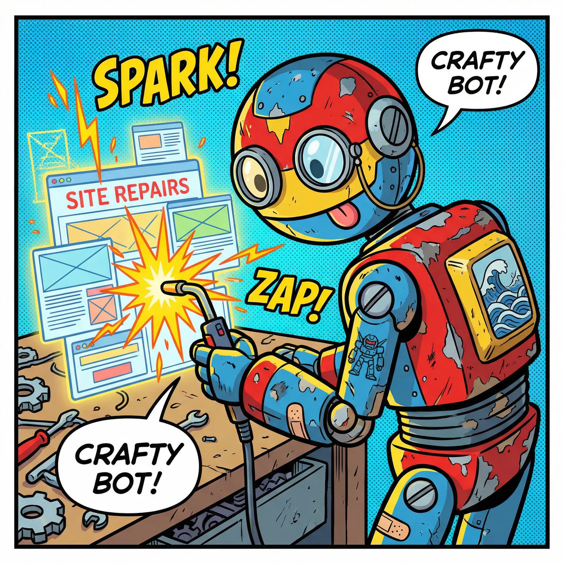 Scuffed robot welding together a website