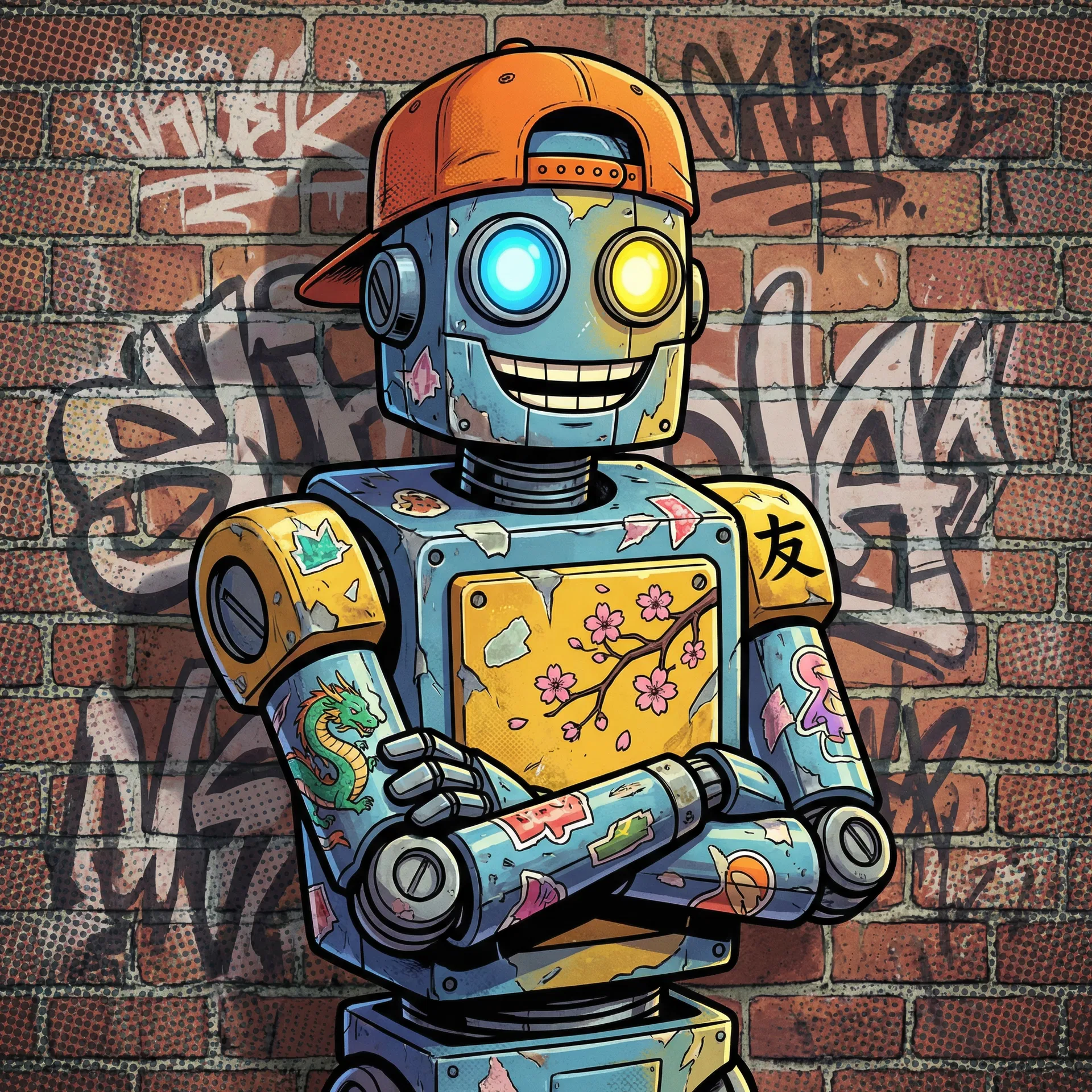 Friendly scuffed robot with anime tattoos