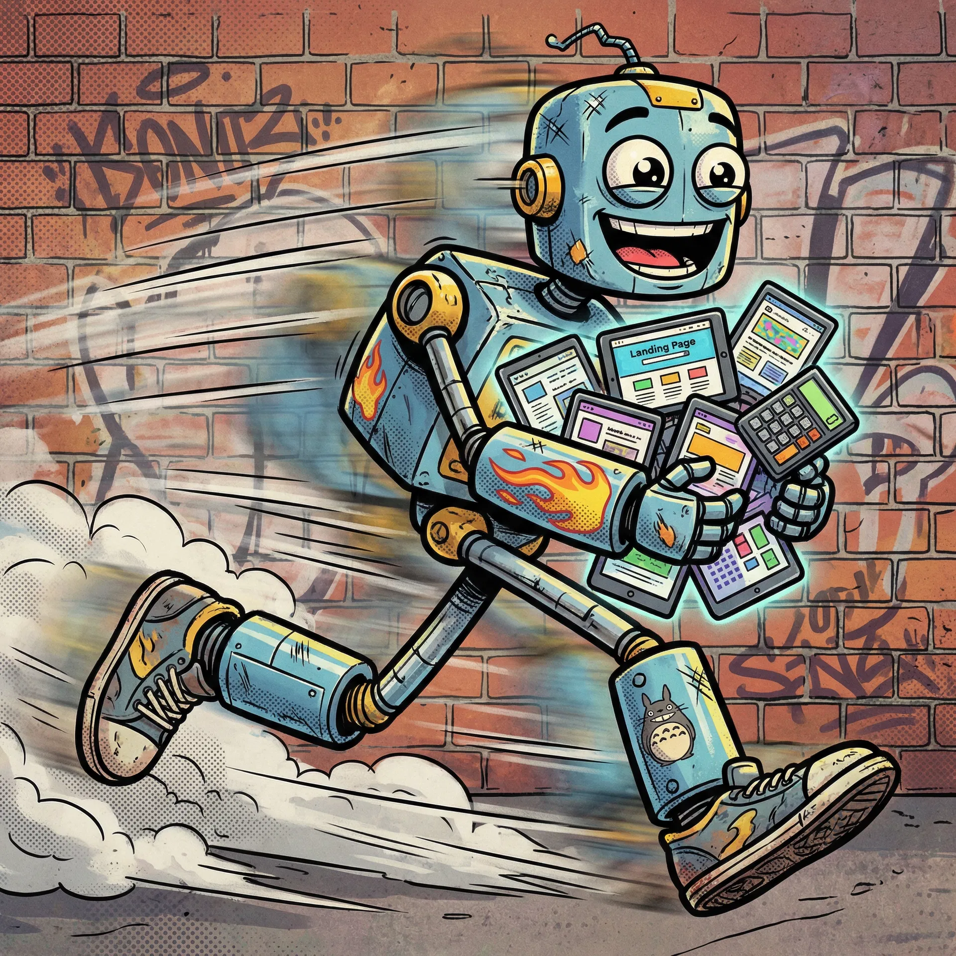 Robot sprinting with armful of marketing assets