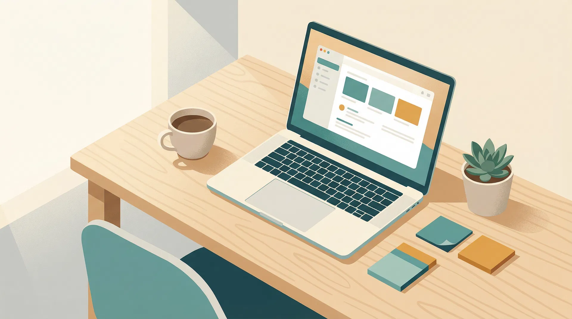 A clean desk with a laptop, coffee, and sticky notes representing a productive Cowork setup