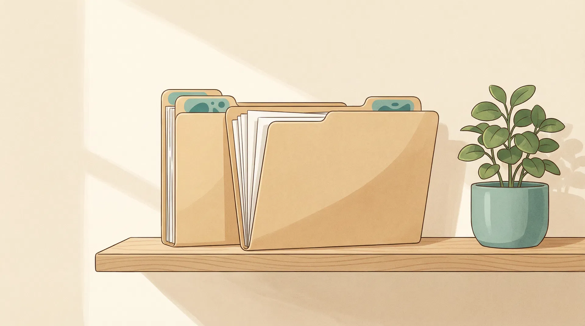 Organized folders on a shelf representing your Cowork workspace