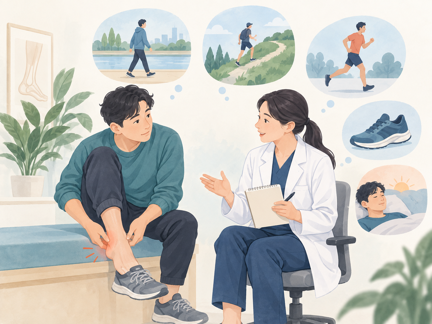 걷기·언덕·달리기와 신발을 함께 상담하는 설명용 일러스트