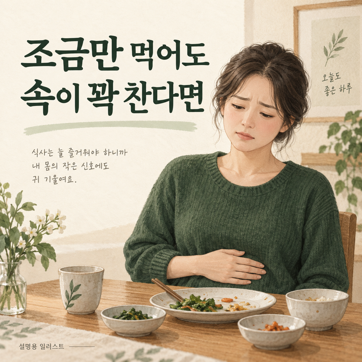 적게 먹어도 배가 차는 불편 · 설명용 일러스트
