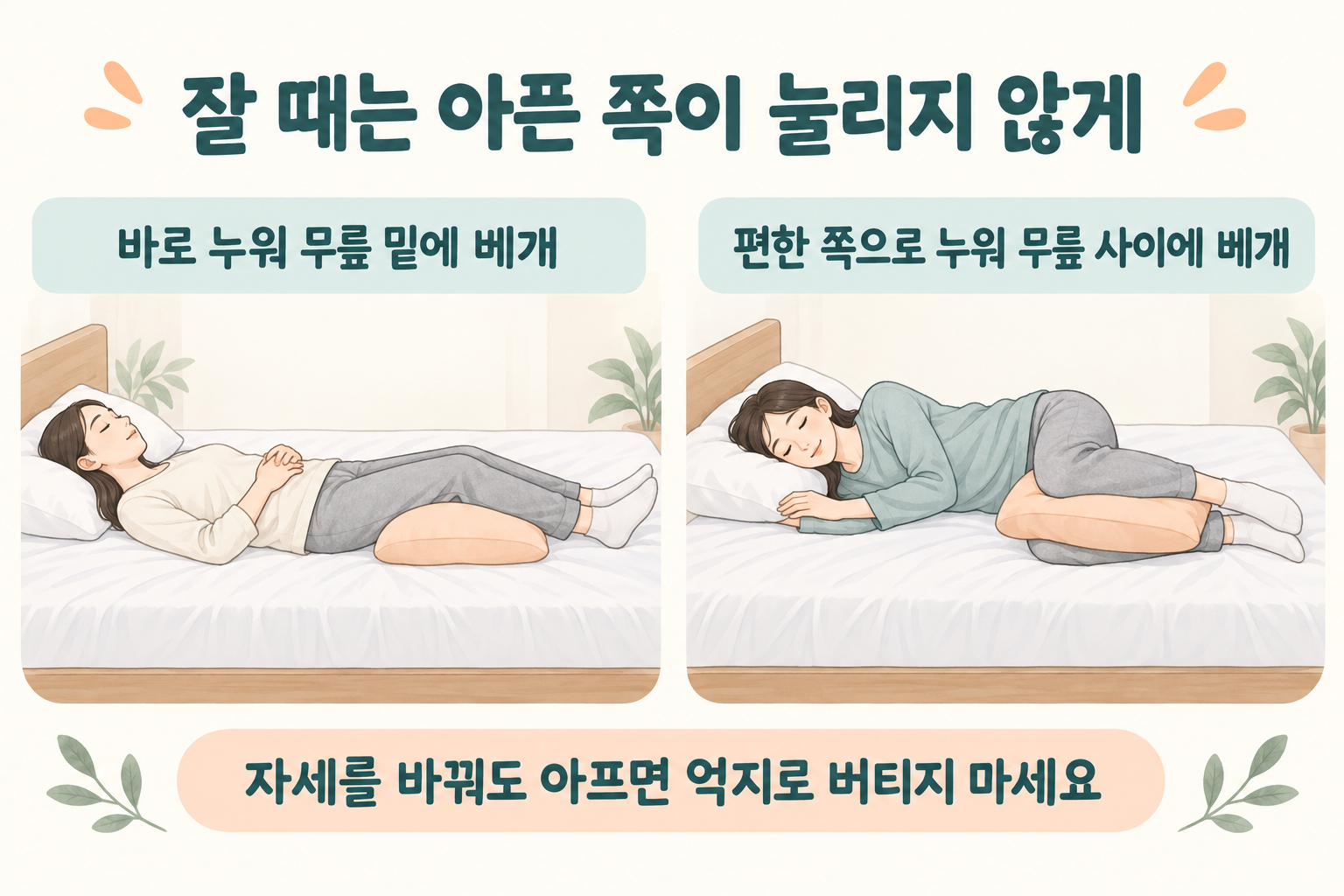 옆으로 누울 때 무릎 사이 베개와 바로 누울 때 무릎 아래 베개를 사용하는 AI 자세 안내