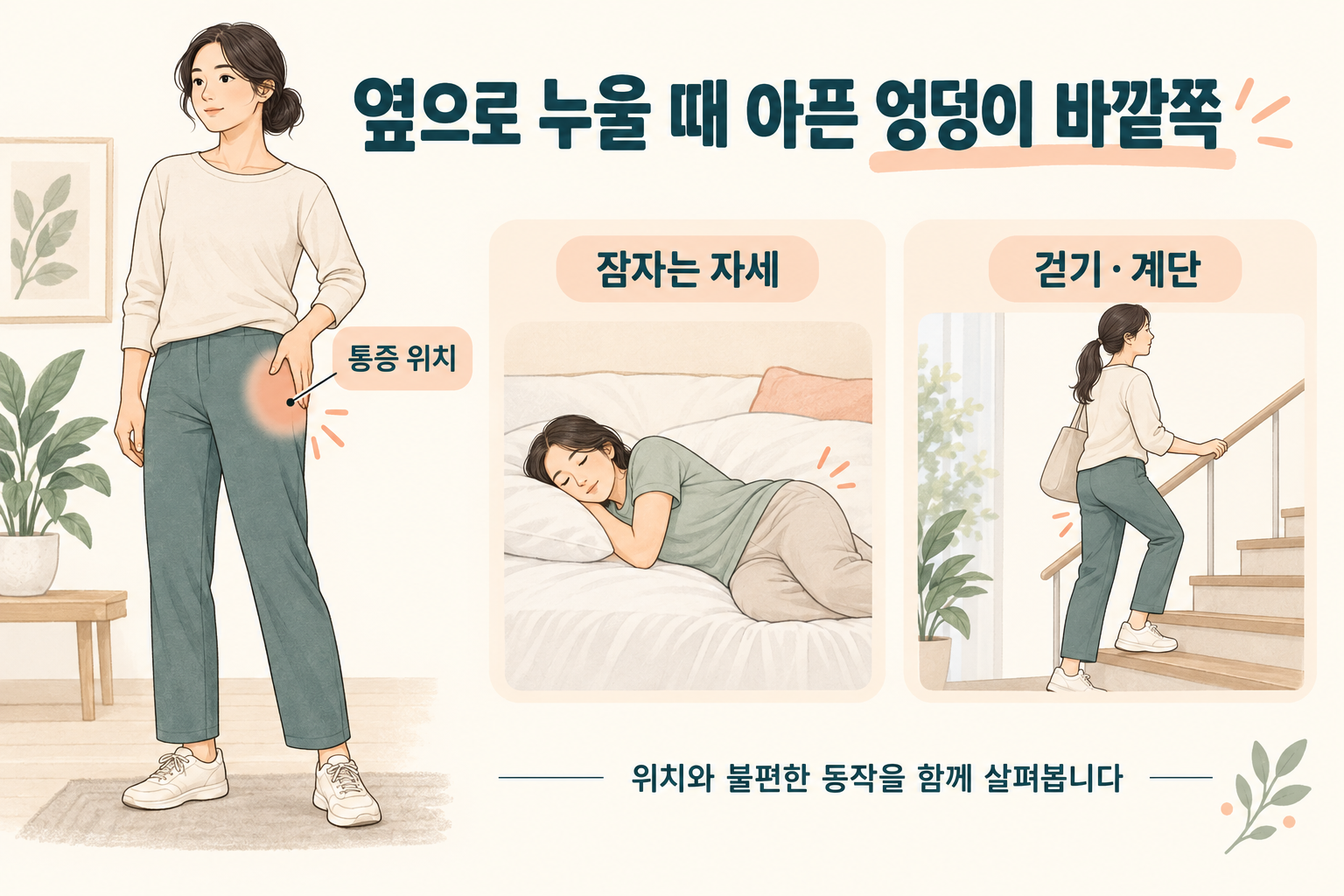 엉덩이 바깥쪽 통증 위치와 주변 힘줄을 설명하는 AI 교육 이미지