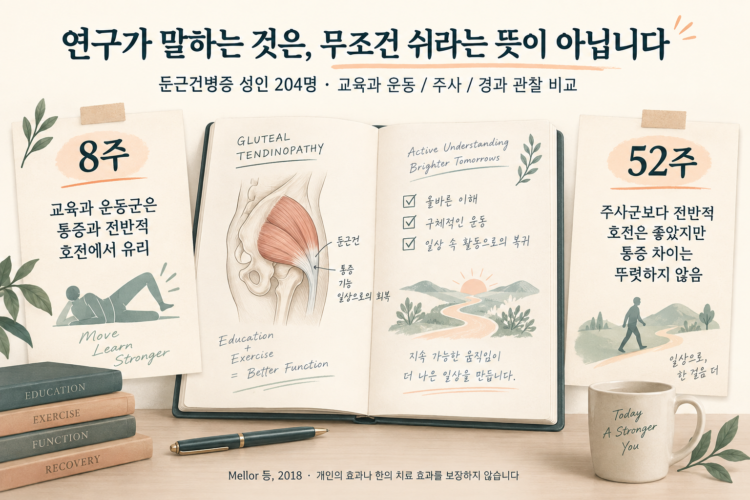둔근건병증 교육·운동 비교 연구의 8주 및52주 결과와 한계를 설명하는 AI 교육 이미지