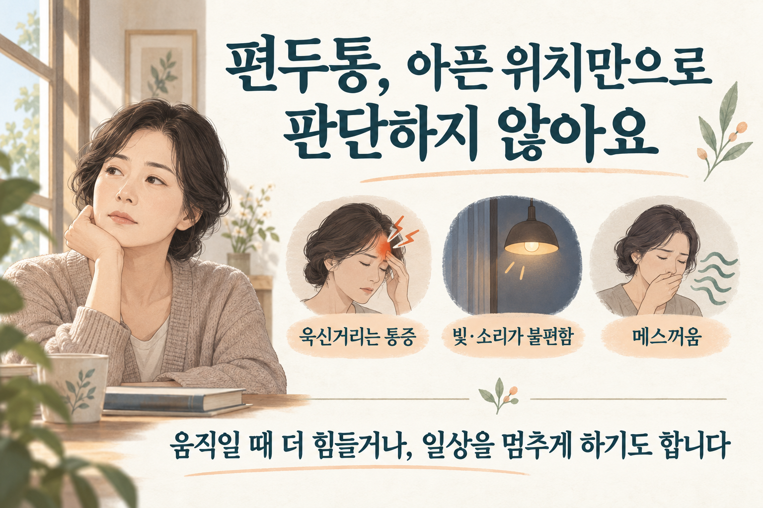 편두통은 위치뿐 아니라 움직임·메스꺼움·빛과 소리의 불편을 함께 살핍니다
