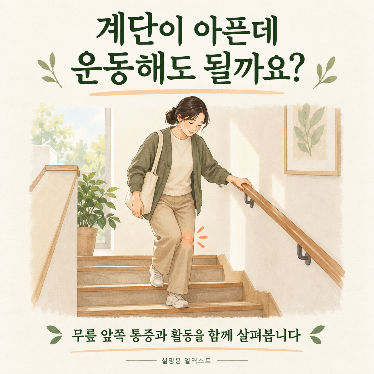 계단에서 느끼는 앞무릎 통증과 활동 상담 · 설명용 일러스트