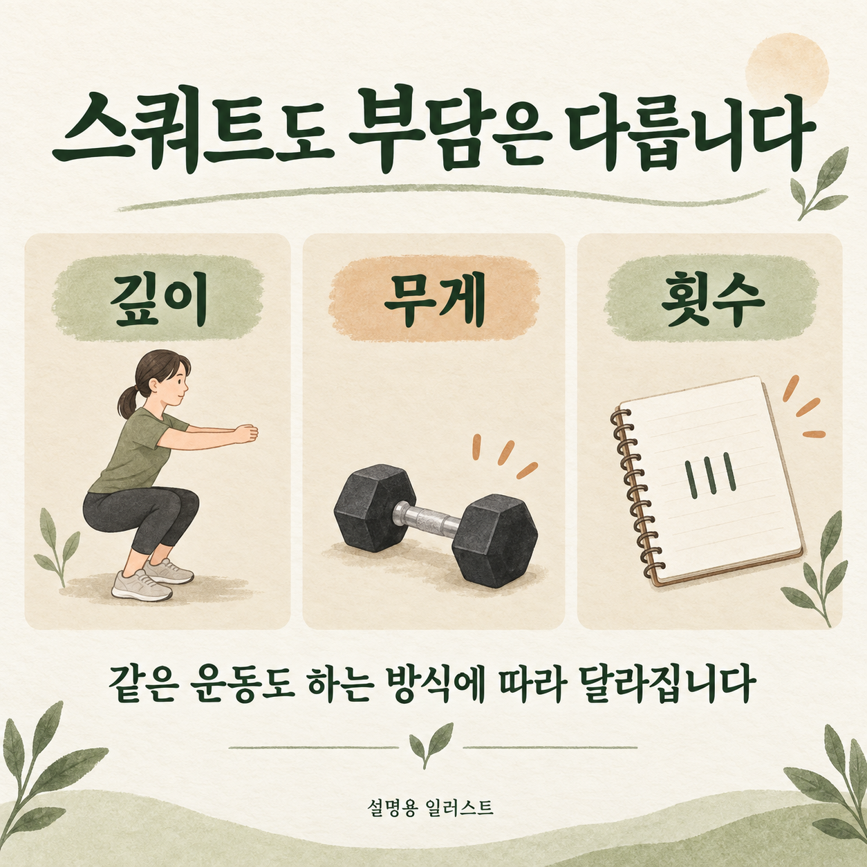 스쿼트의 깊이·무게·횟수 조절 · 설명용 일러스트
