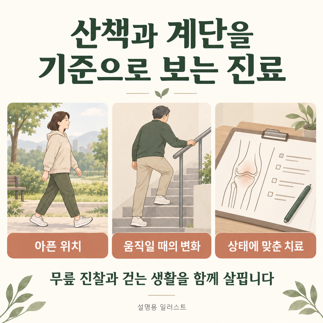 통증 위치와 걷는 생활을 함께 살피는 진료 · 설명용 일러스트