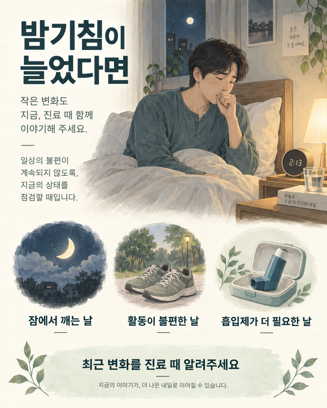 밤기침과 일상 변화 확인을 돕는 설명 일러스트
