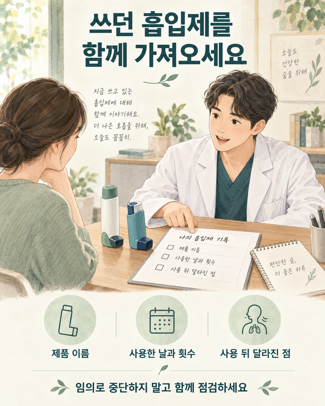흡입제 제품과 사용 이력을 함께 확인하는 설명 일러스트