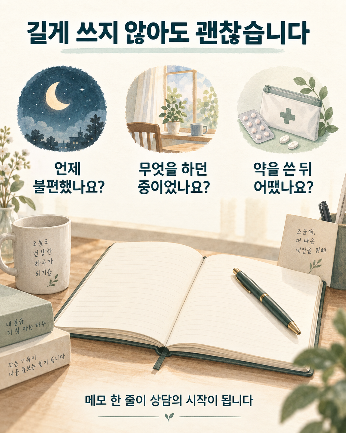 증상 시간과 상황과 약 사용 뒤 변화를 기록하는 설명 일러스트