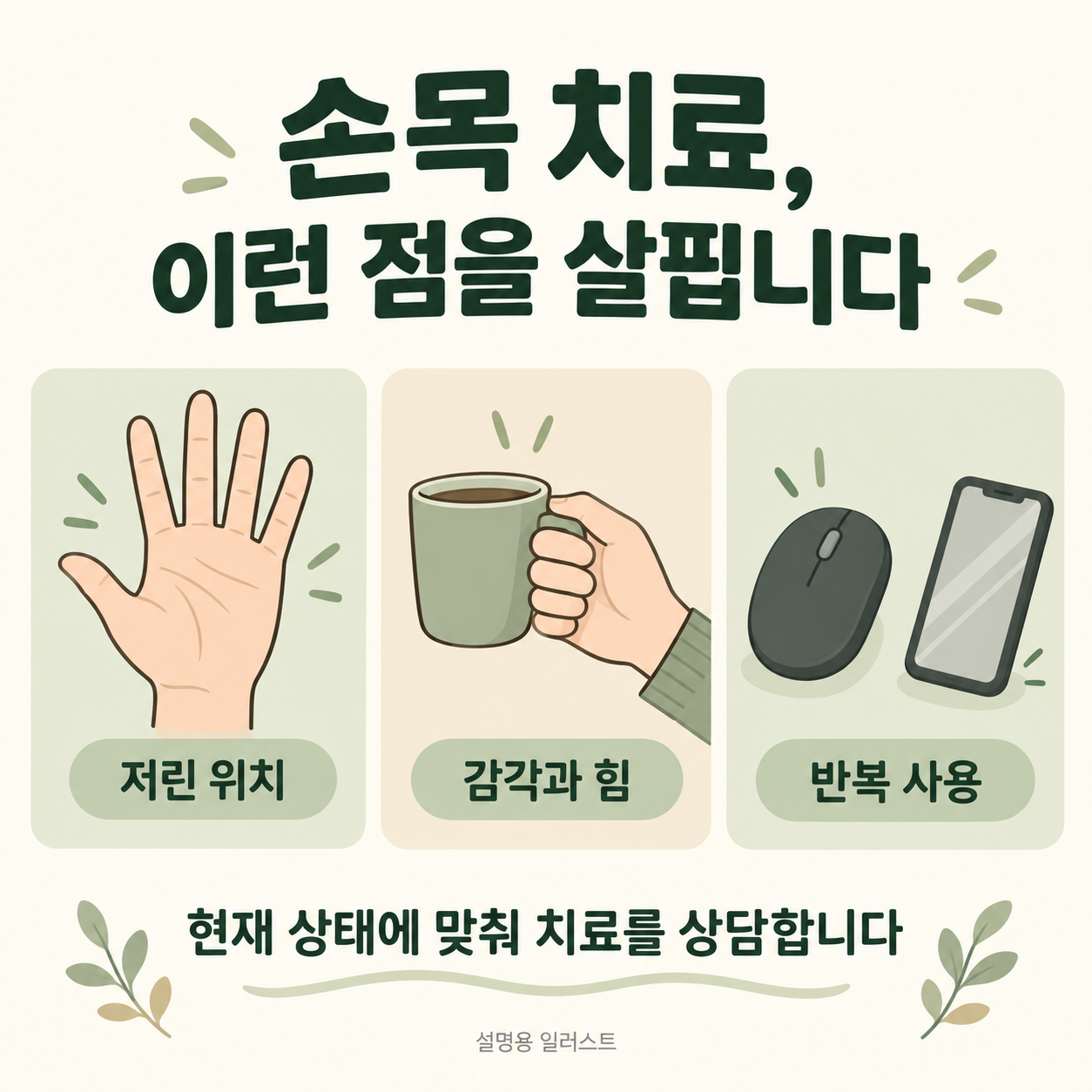 저린 위치·감각과 힘·반복 사용을 함께 살피는 진료 · 설명용 일러스트