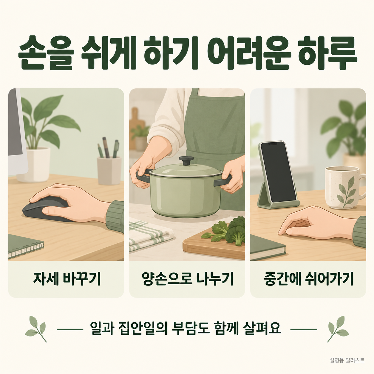 일과 집안일의 손목 부담을 살펴보세요 · 설명용 일러스트