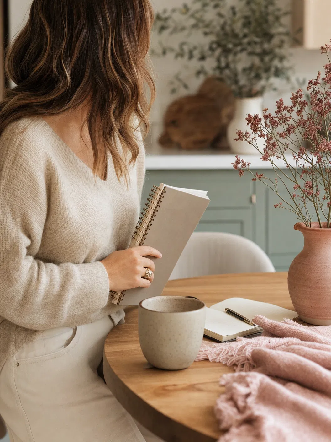 Woman holding notebook at table