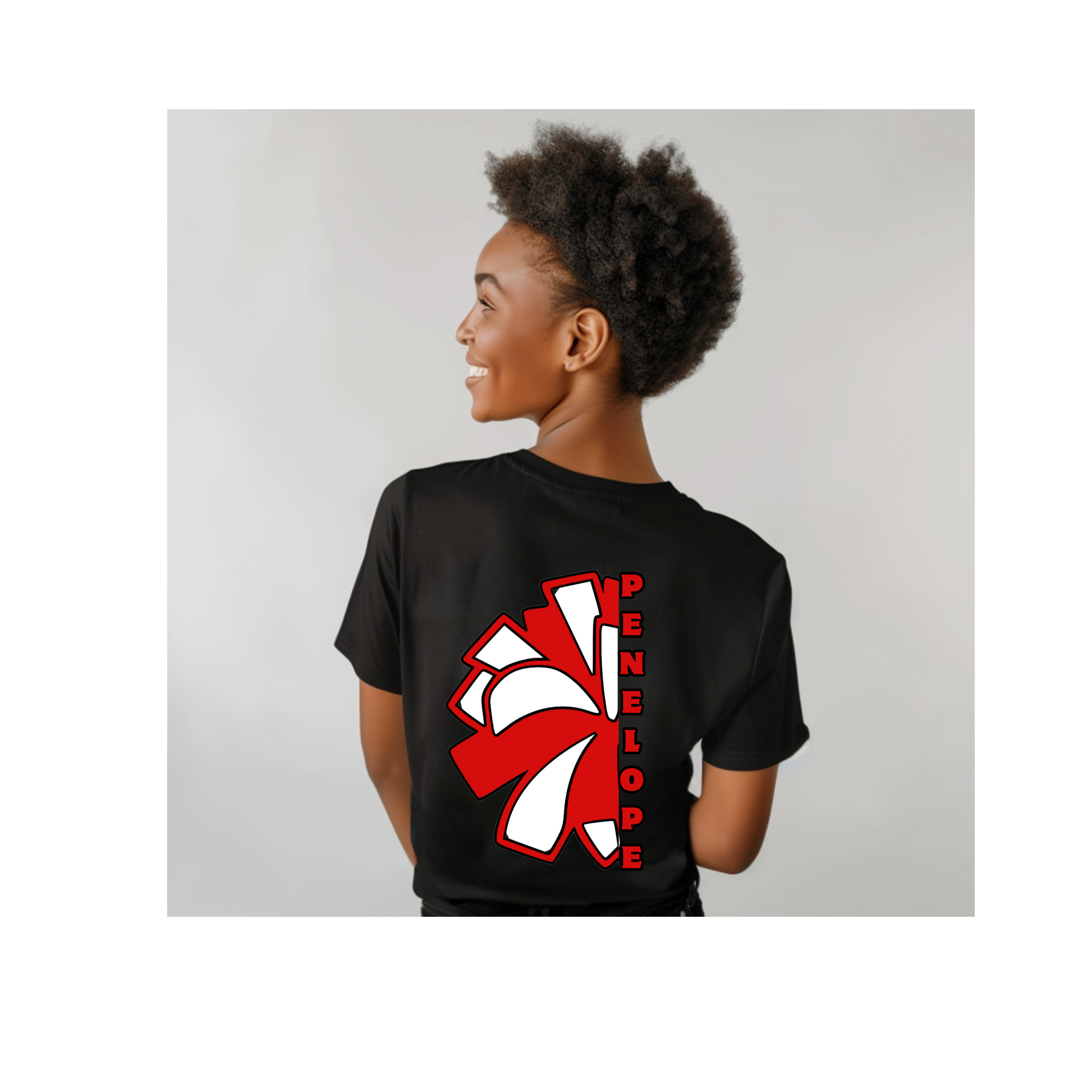 Custom Cheerleader T-Shirt | Personalized Back-Print Name & Pom-Pom Tee | Red & White Spirit Wear | Sizes S-2XL