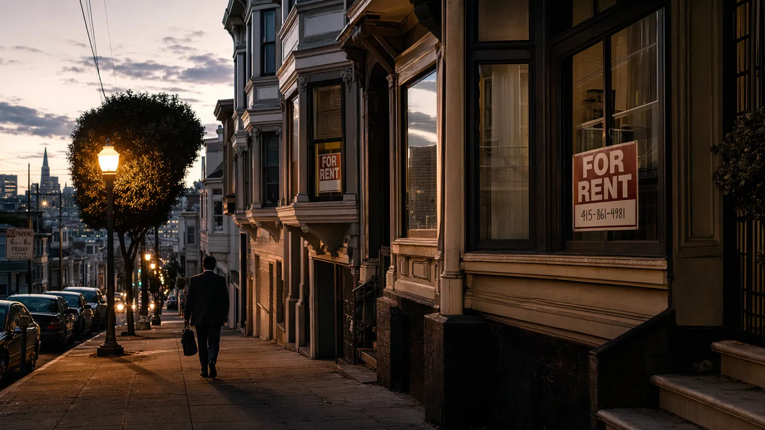 San Francisco street with For Rent signs at dusk