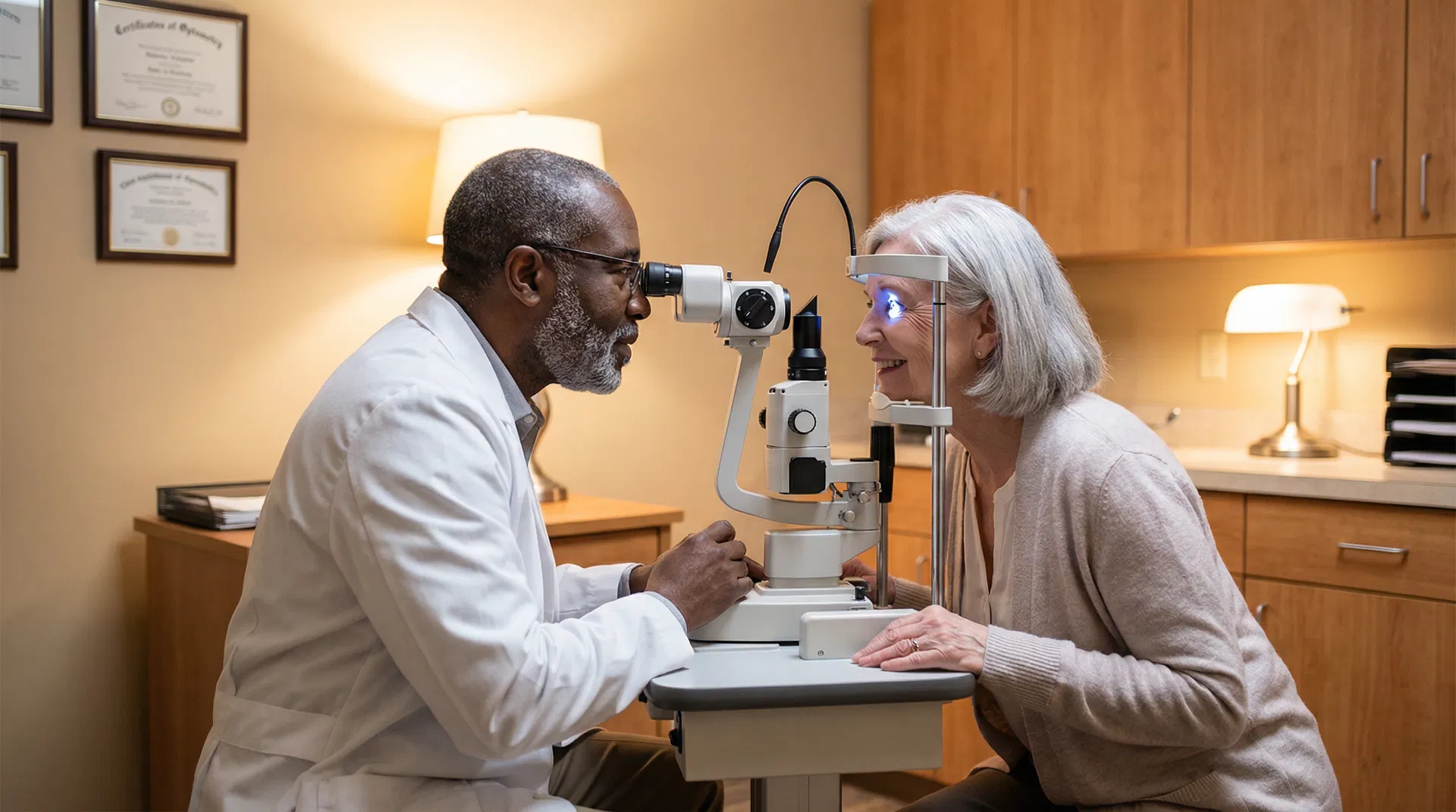 Dr. Singletary performing a cataract evaluation with a slit lamp at Eye Medics Optometry in Fayetteville, NC