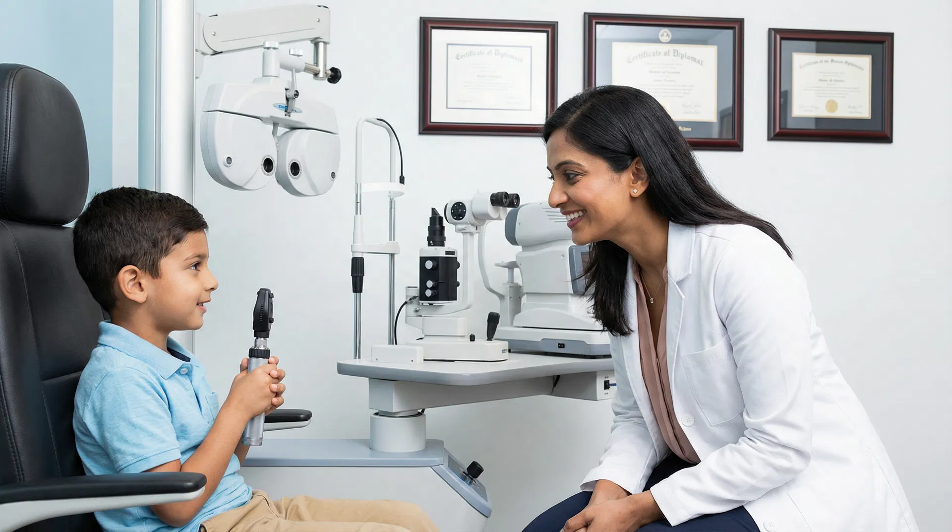 Optometrist conducting pediatric eye exam at Eye Medics Optometry — serving Linden Oaks, Cameron, and Moore County NC families