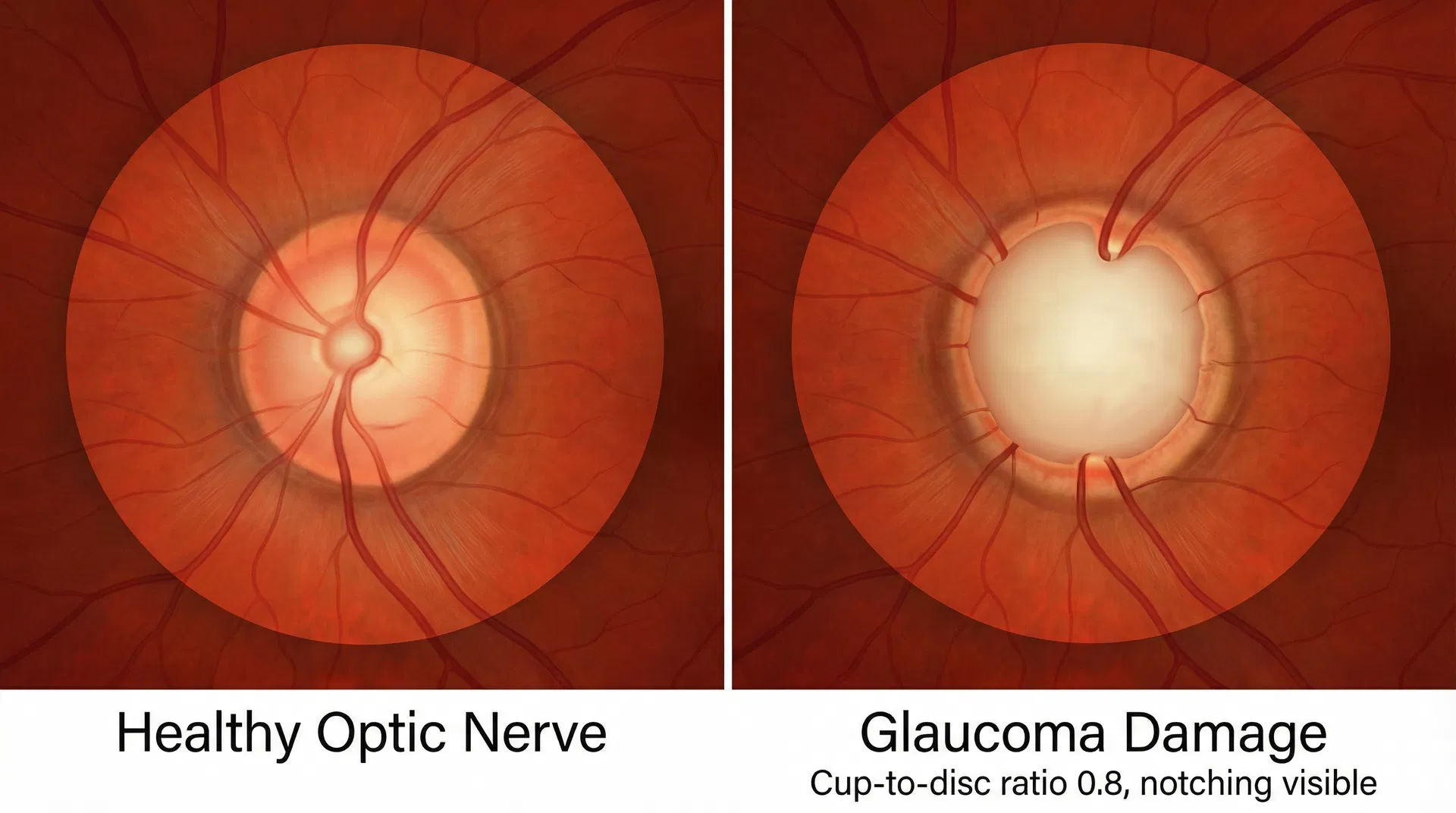 Side-by-side comparison of a healthy optic nerve versus a glaucoma-damaged optic nerve showing enlarged cup-to-disc ratio