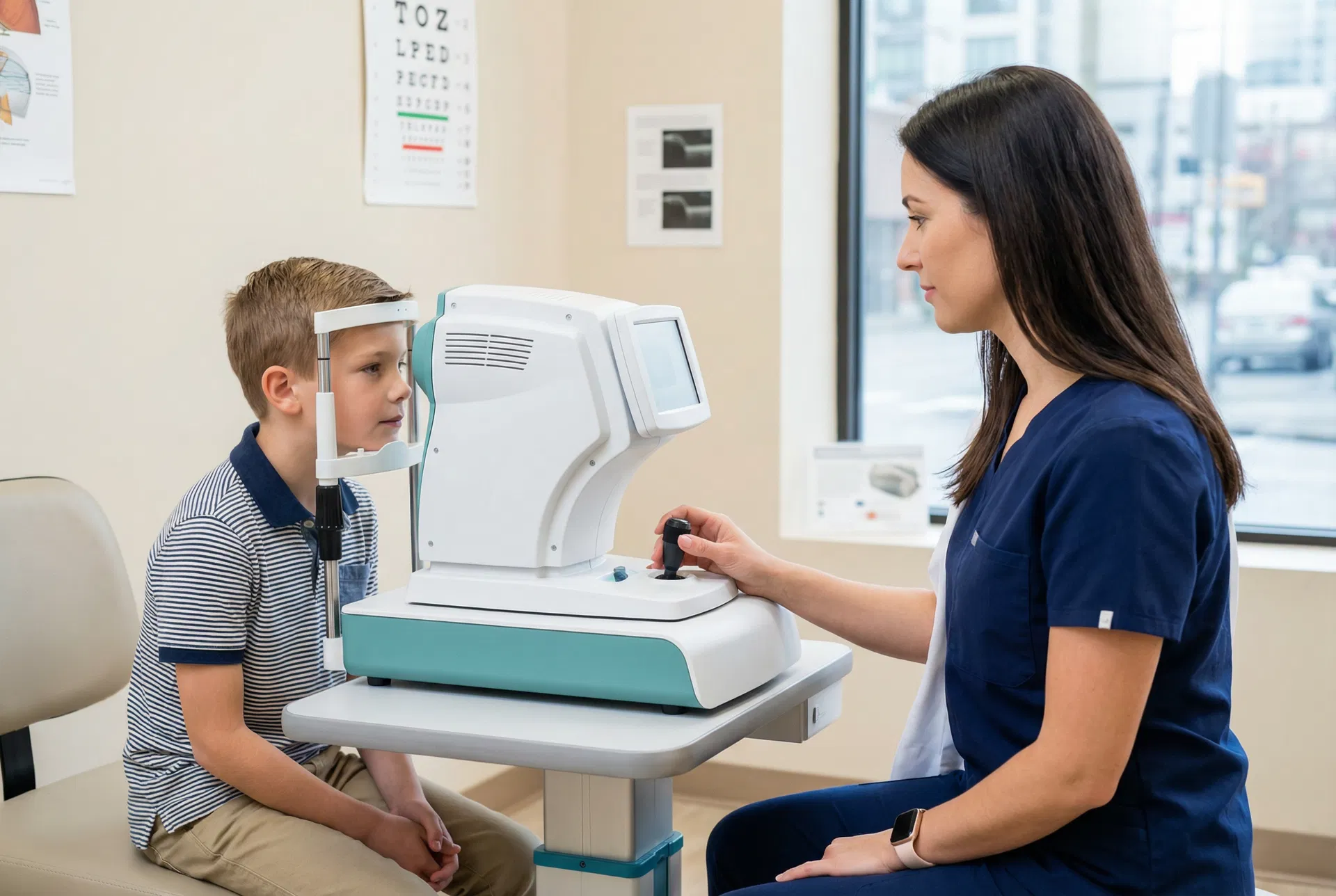 Optometrist performing axial length measurement on a child using optical biometry device