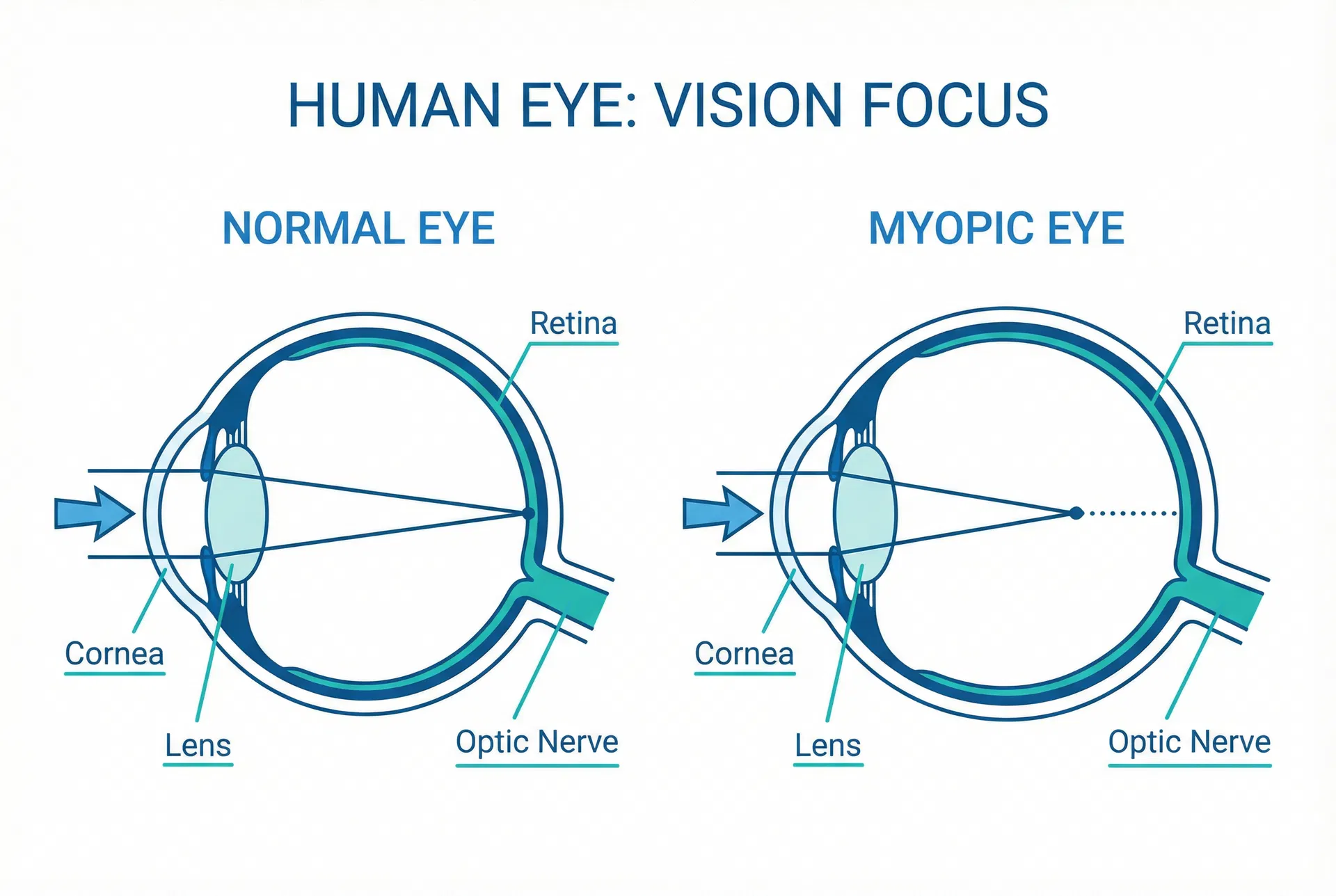 Diagram comparing a normal eye with light focusing on the retina versus a myopic eye where light focuses in front of the retina