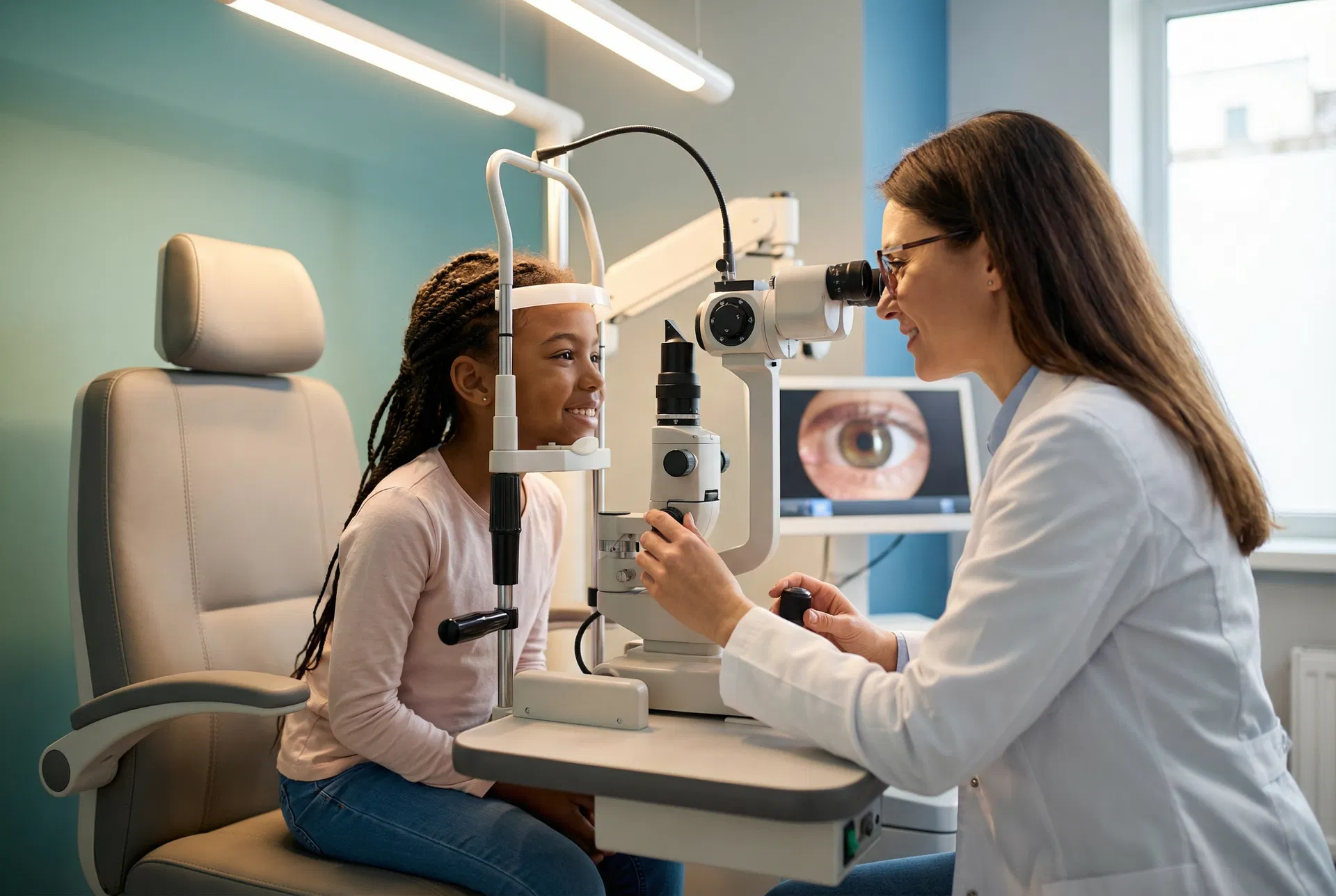 Optometrist examining a child's eyes at Eye Medics Optometry Fayetteville NC
