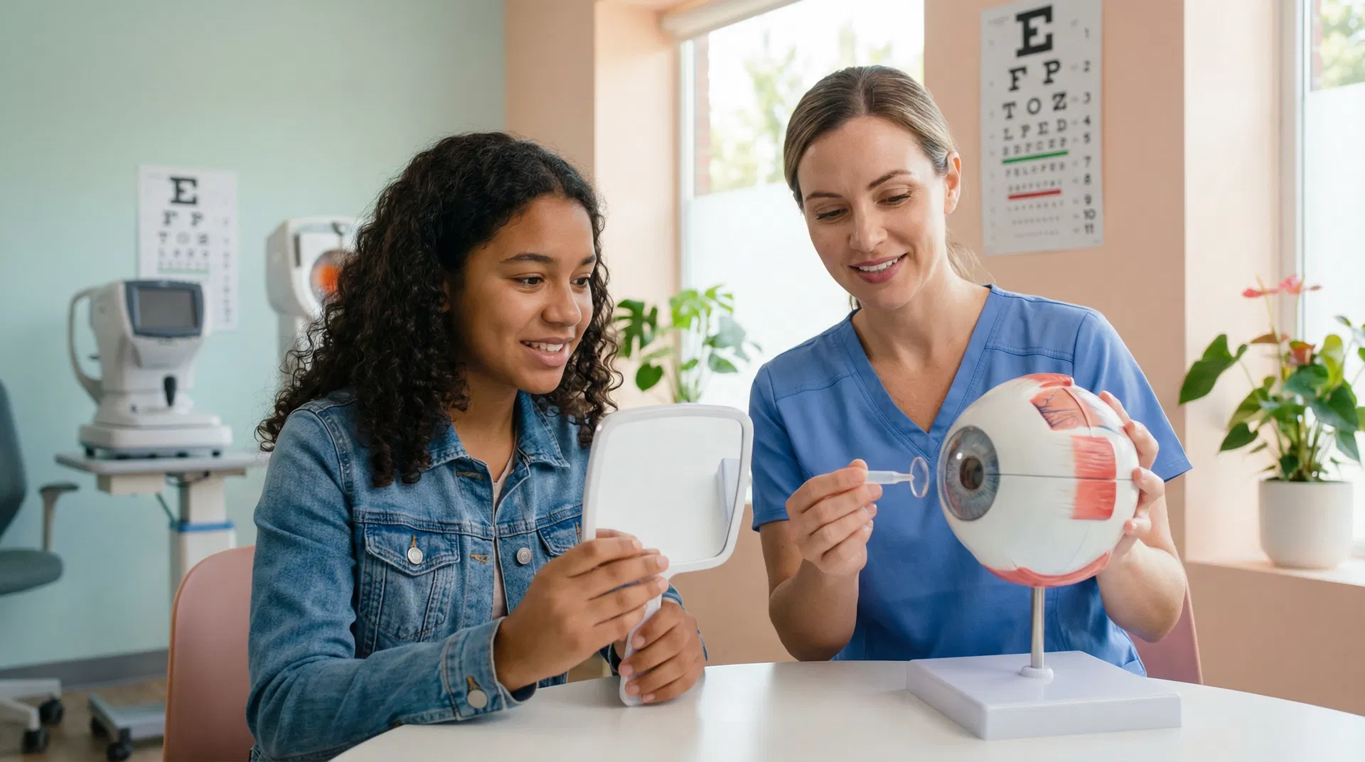 Teenage patient learning to insert contact lenses with guidance from an optometrist at Eye Medics Fayetteville NC