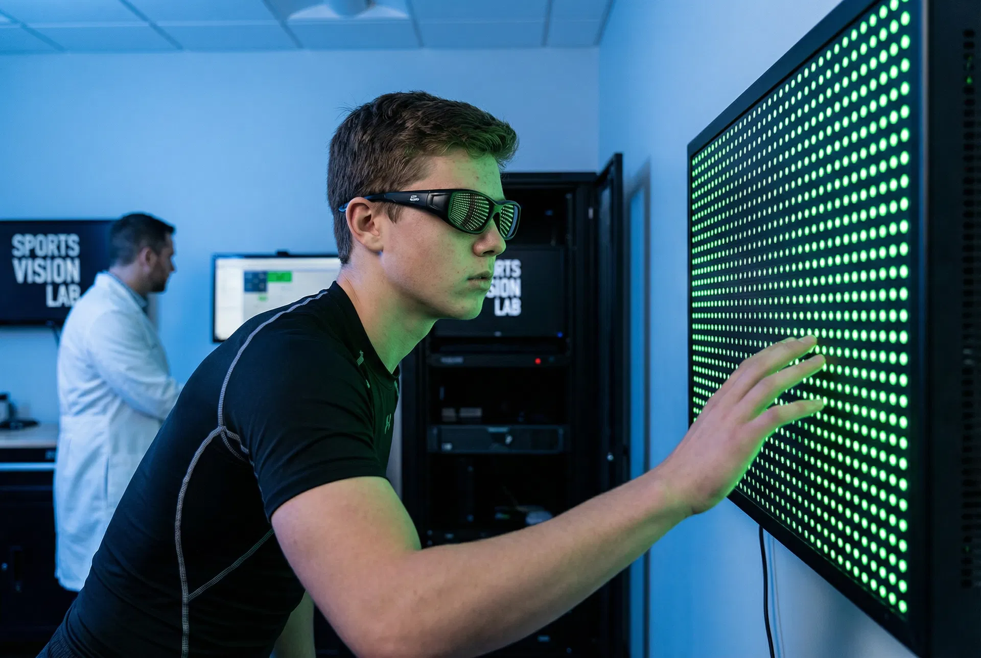 Athlete undergoing sports vision training with strobe glasses at a performance vision lab
