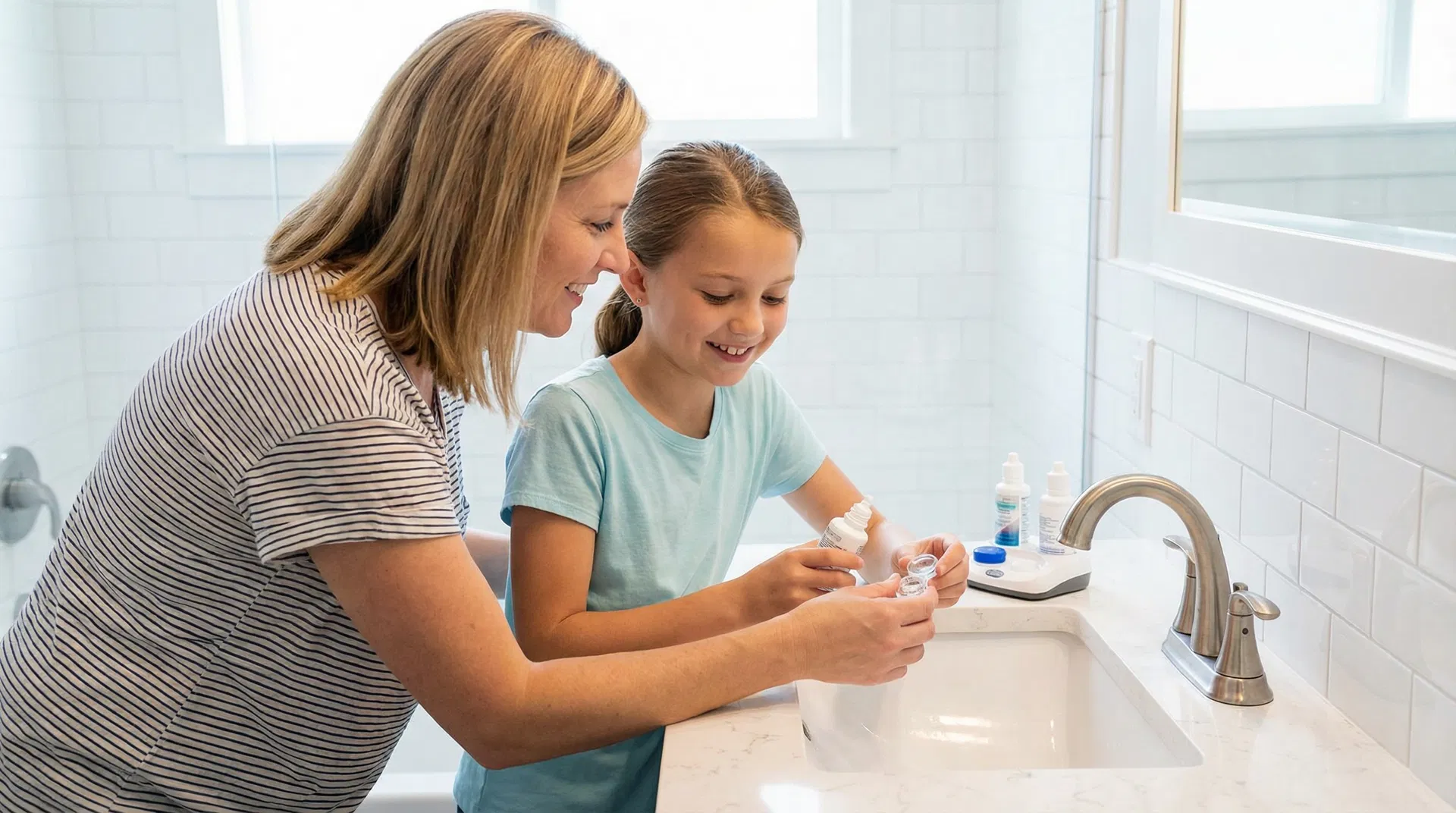 A Caucasian mother helps her daughter clean and store orthokeratology lenses at a bathroom sink, both smiling