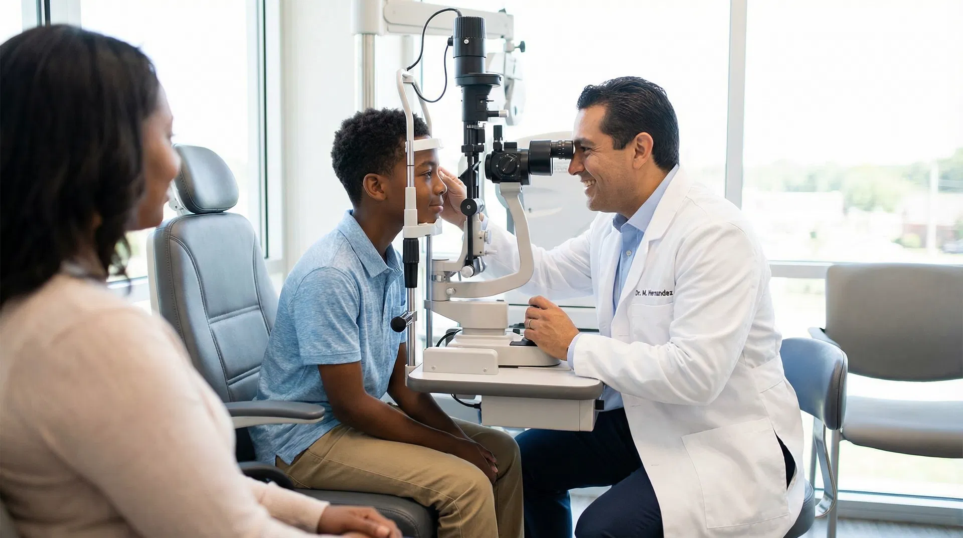 A Hispanic male optometrist performs a follow-up slit lamp exam on a young African American boy while his mother watches in a bright modern exam room