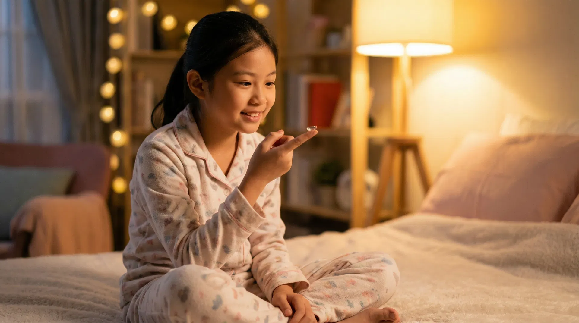 A young Asian girl in pajamas preparing her sleepSEE overnight contact lens before bedtime