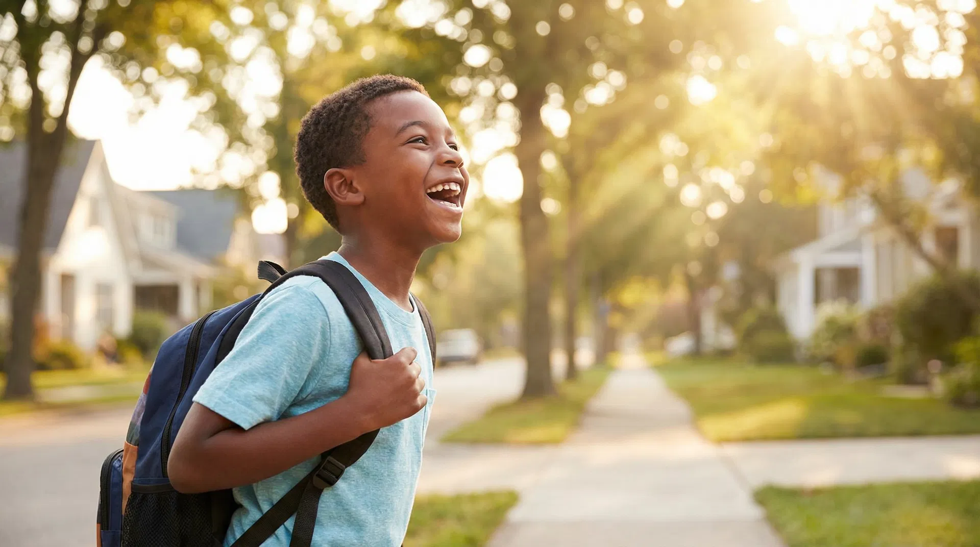 A happy African American boy with a backpack, laughing in morning sunlight — seeing clearly without glasses