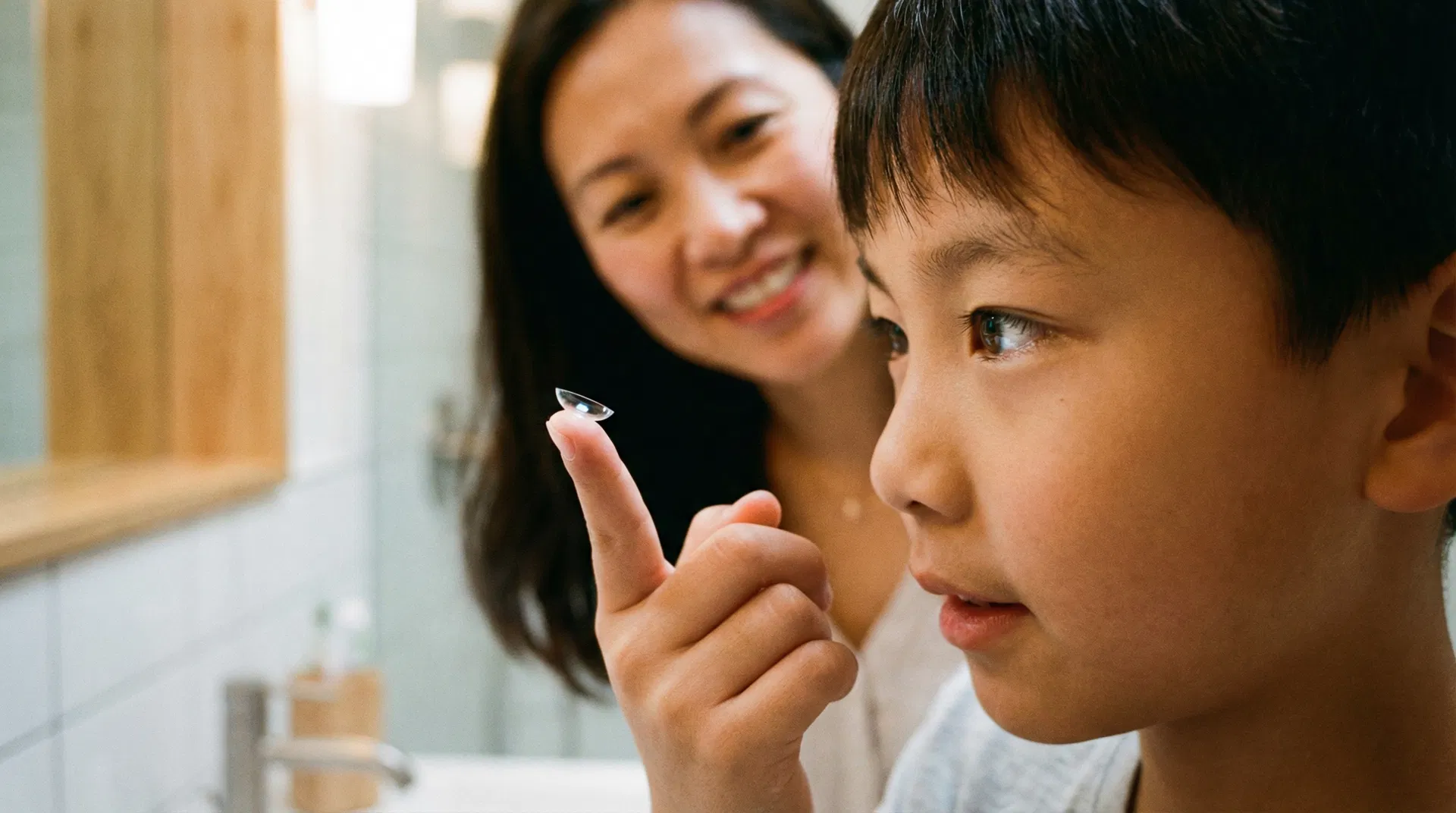 A Chinese-American boy holds an orthokeratology contact lens on his fingertip while his mother watches encouragingly in a bathroom mirror