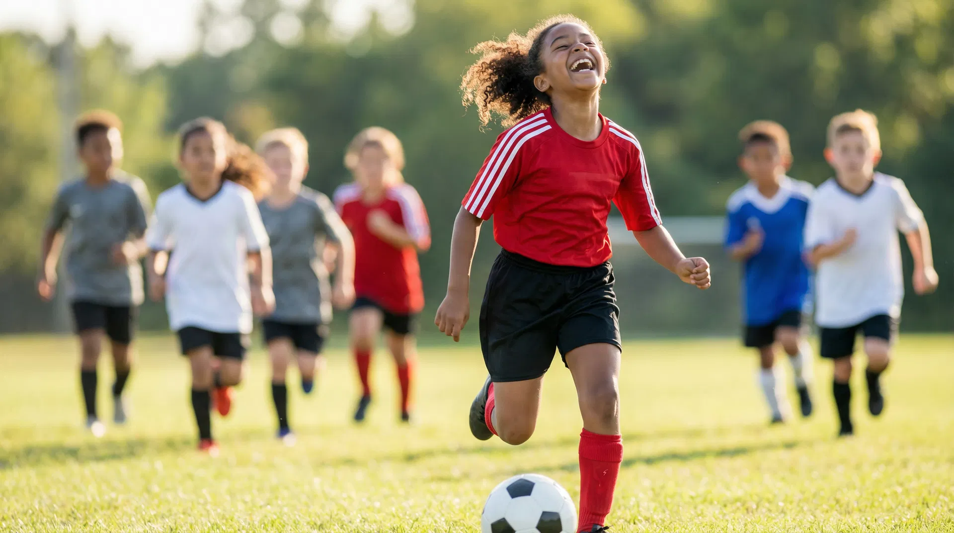 An African American girl in a red soccer uniform runs joyfully on a sunny field without glasses, with diverse teammates in the background
