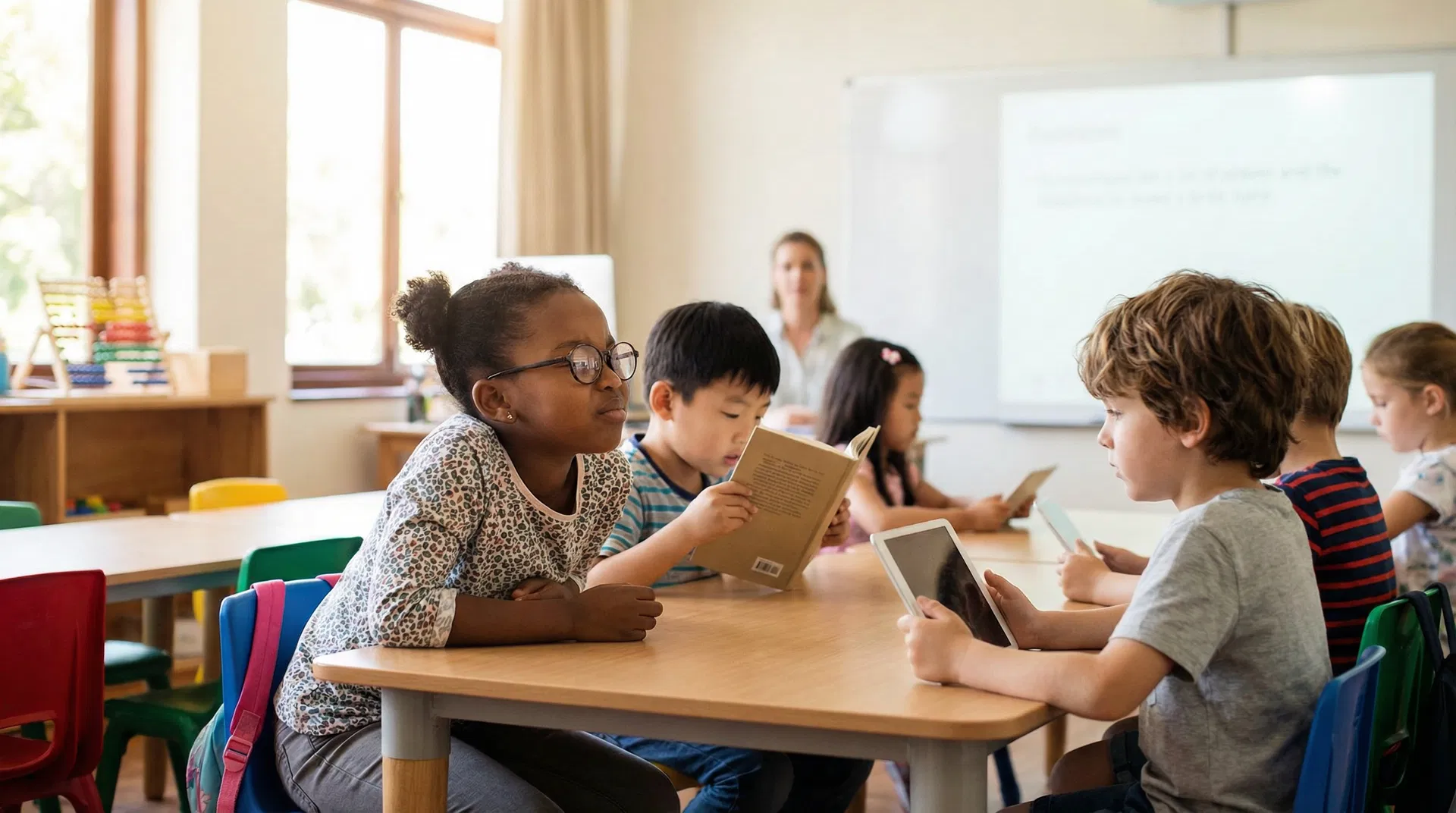 Diverse children in a modern classroom, some wearing glasses, reading and using tablets
