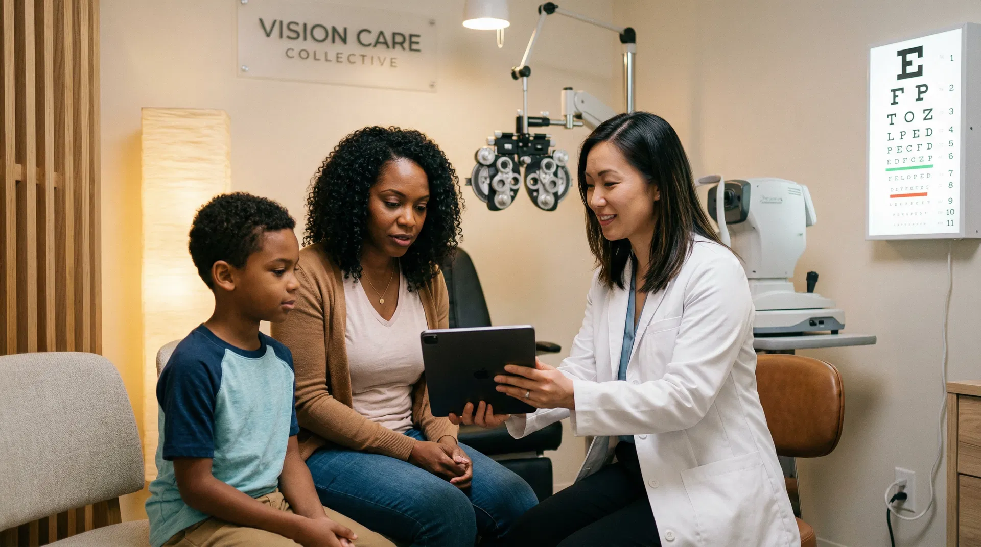 An African American mother and her son in an optometry consultation, with an Asian female doctor showing them information on a tablet