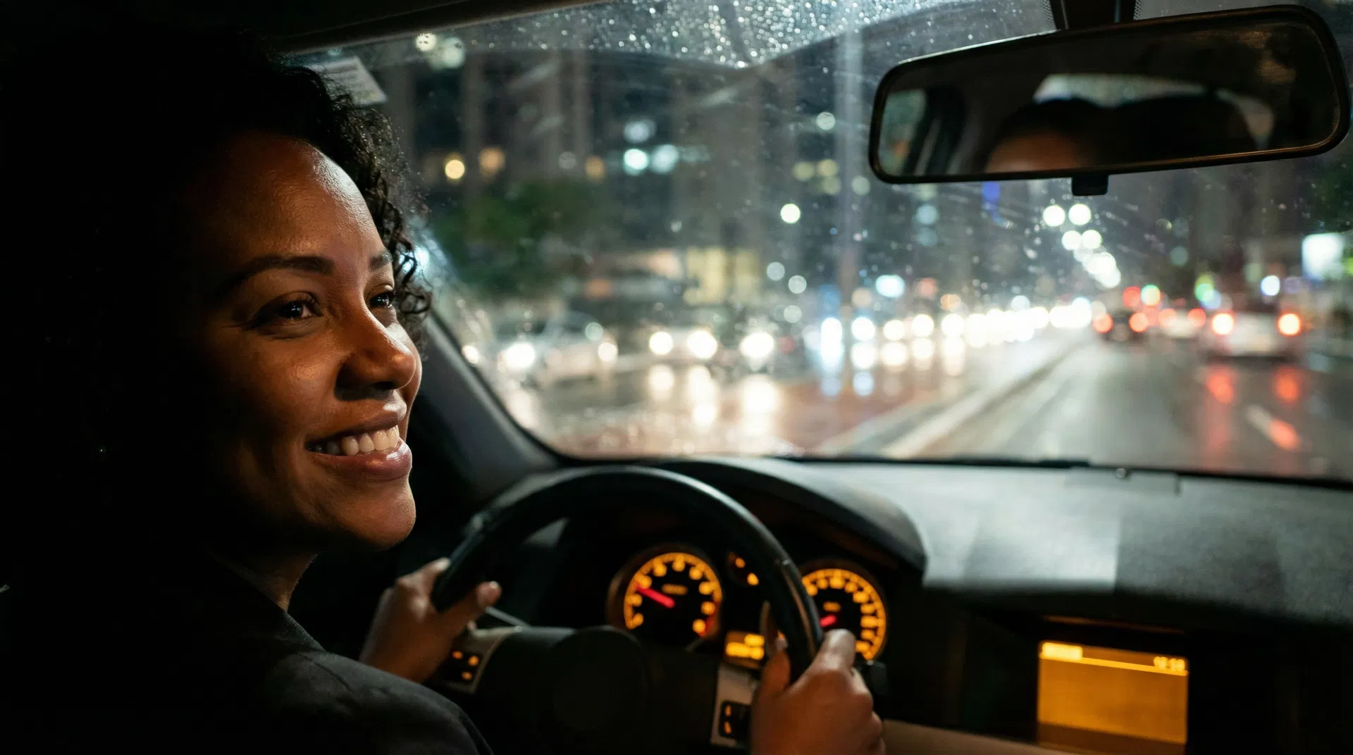 A woman with clear vision confidently driving a car.