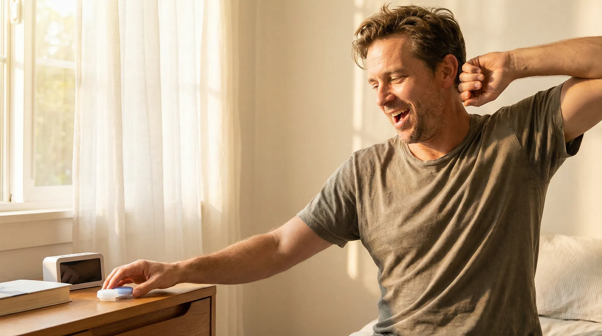 A man smiling as he looks in the mirror in the morning, free from glasses.