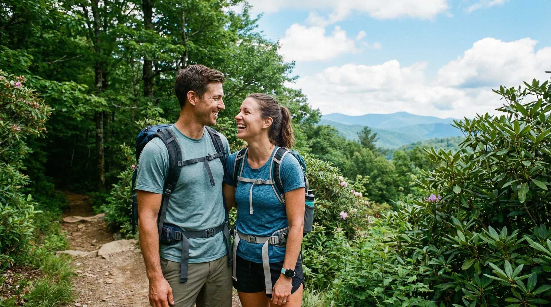 A happy couple hiking without glasses, enjoying clear vision thanks to Ortho-K.