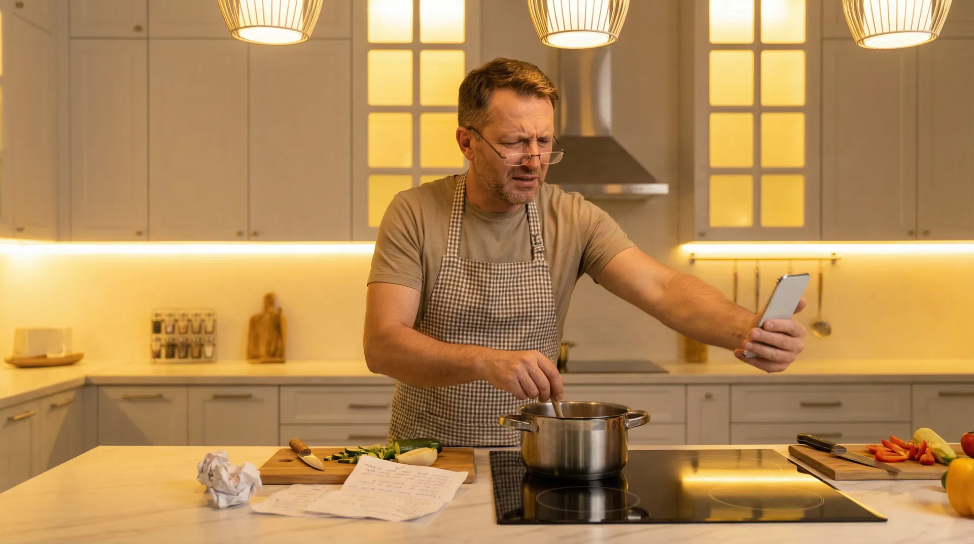 Man cooking at home without reading glasses, enjoying clear near vision