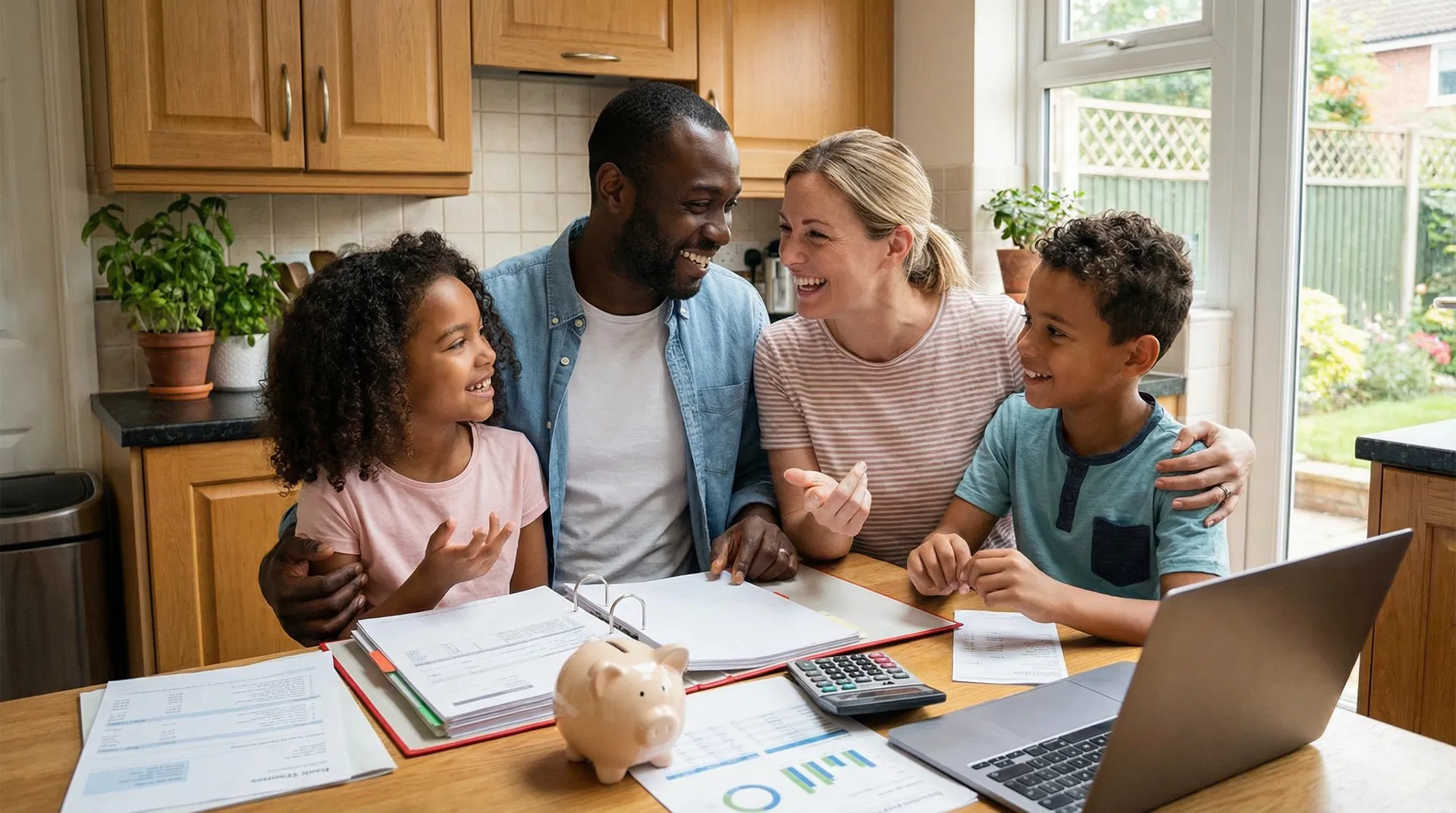 A family sitting together at a table, looking at paperwork and discussing their finances with a positive and collaborative attitude.