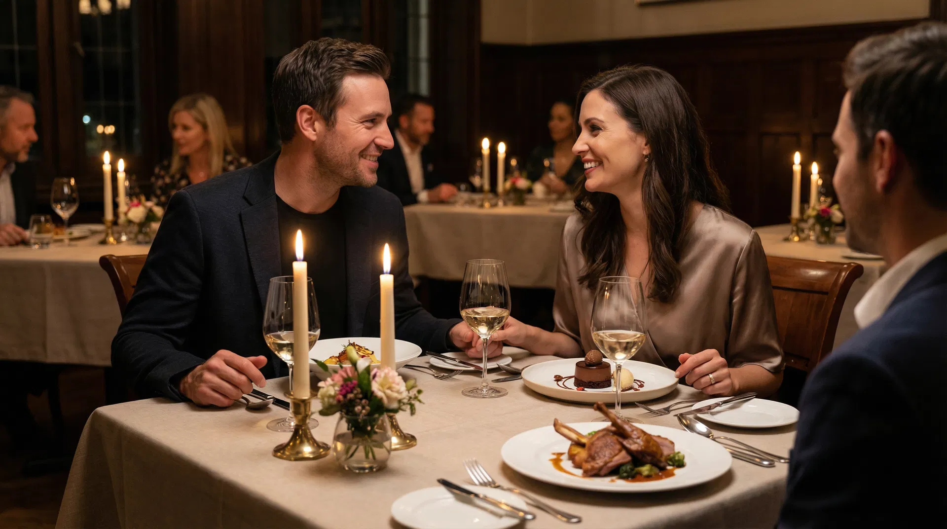 A couple enjoying dinner and conversation, free from the hassle of glasses.