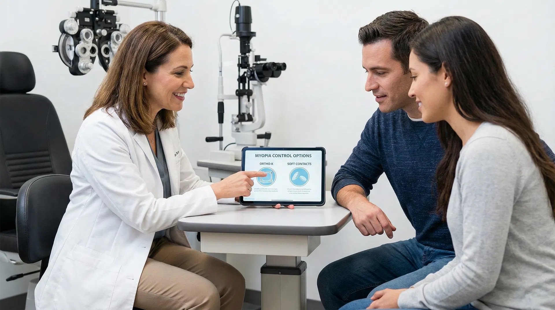 Optometrist explaining myopia control options to a parent and child