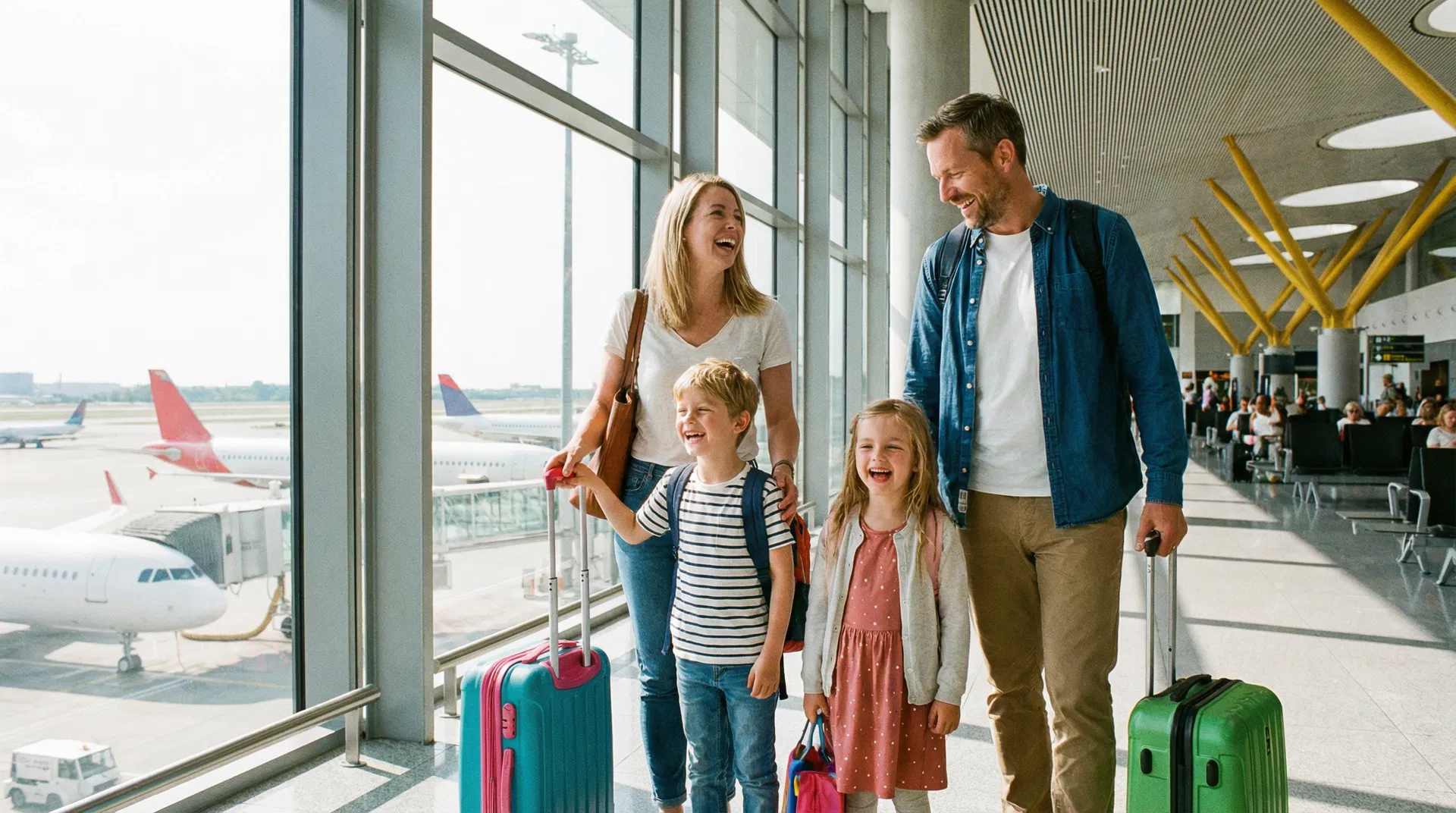 A family with luggage walking through an airport terminal.